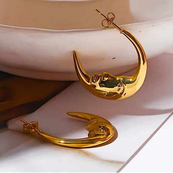 Gold Plated Moon Hoop Minimalist Earrings Earrings - Picture 5 of 6